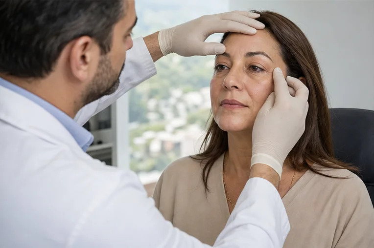 cirujano evaluando párpados superiores e inferiores durante una consulta de blefaroplastia en Medellín