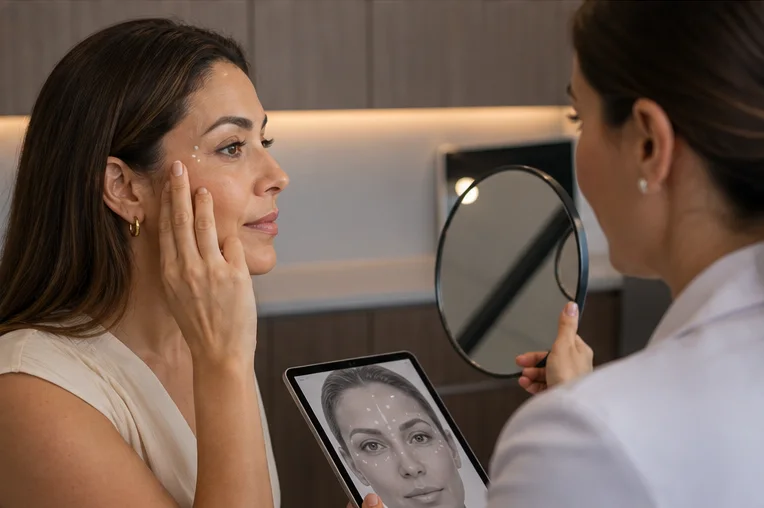 planificación facial de Botox frente al espejo durante una consulta médica