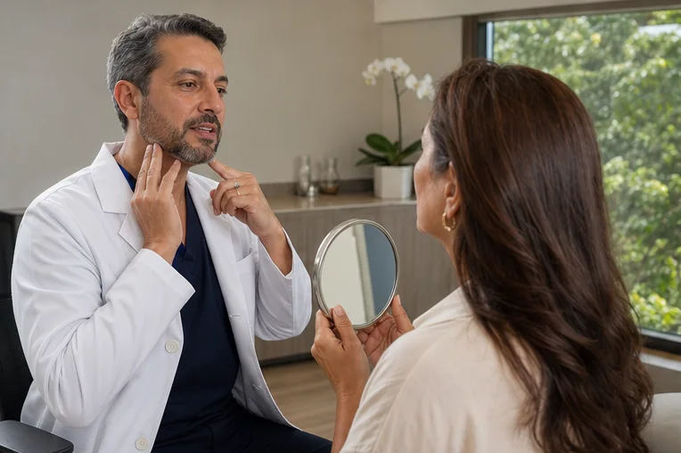 cirujano explicando el contorno facial y cervical durante la valoración
