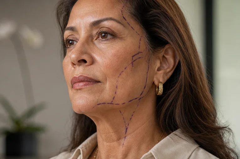 marcación preoperatoria de mejilla, mandíbula y cuello para lifting facial