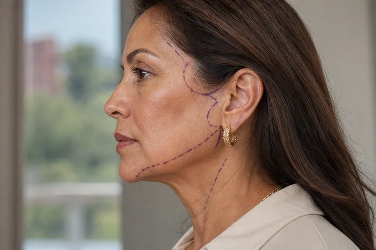 perfil de paciente con líneas de planificación para lifting facial